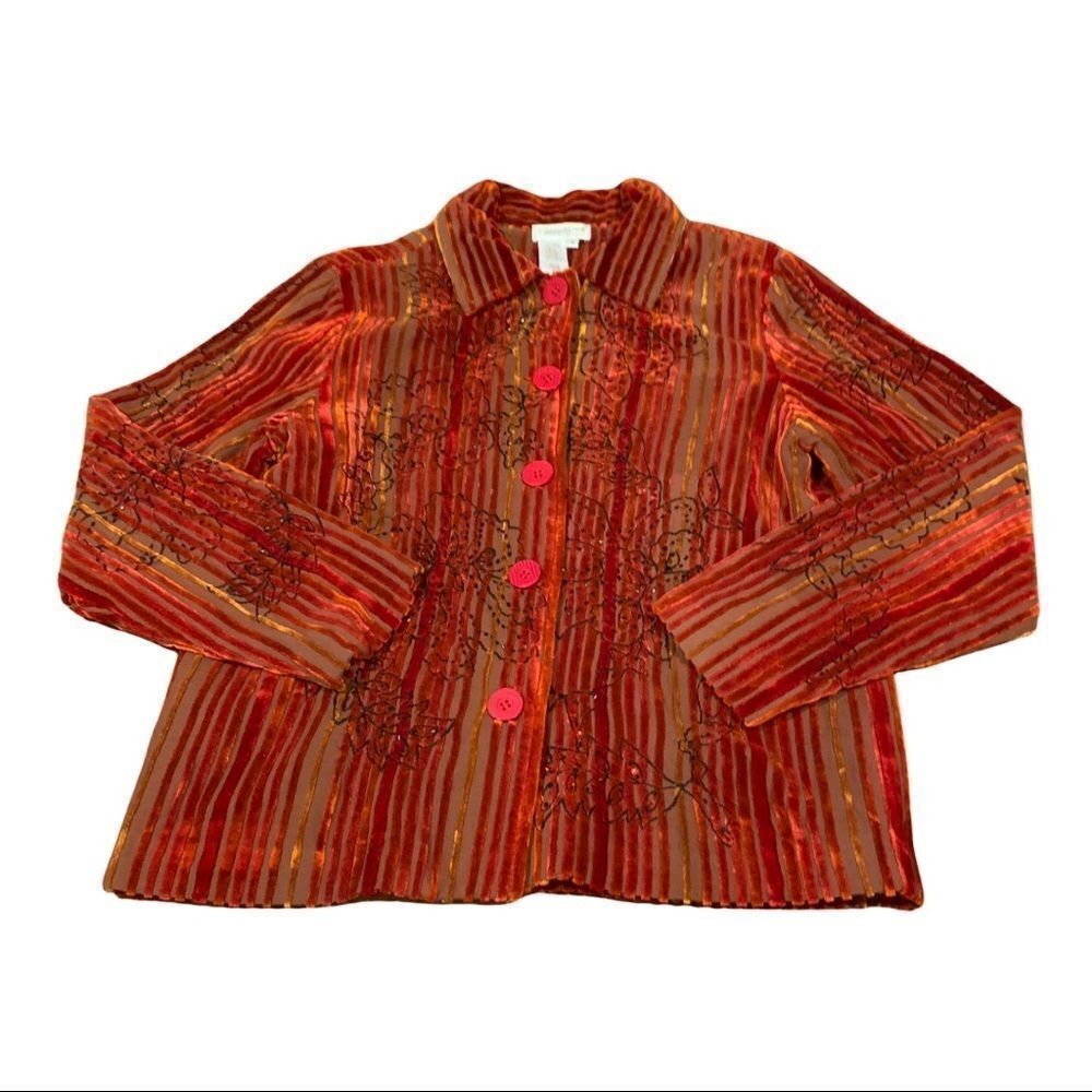 COLDWATER CREEK Red Velvet Striped Embroidered Beaded Jacket S